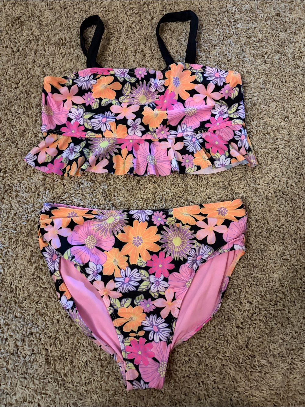 Black Floral Two-Piece Swimsuit with Pink & Orange Flowers